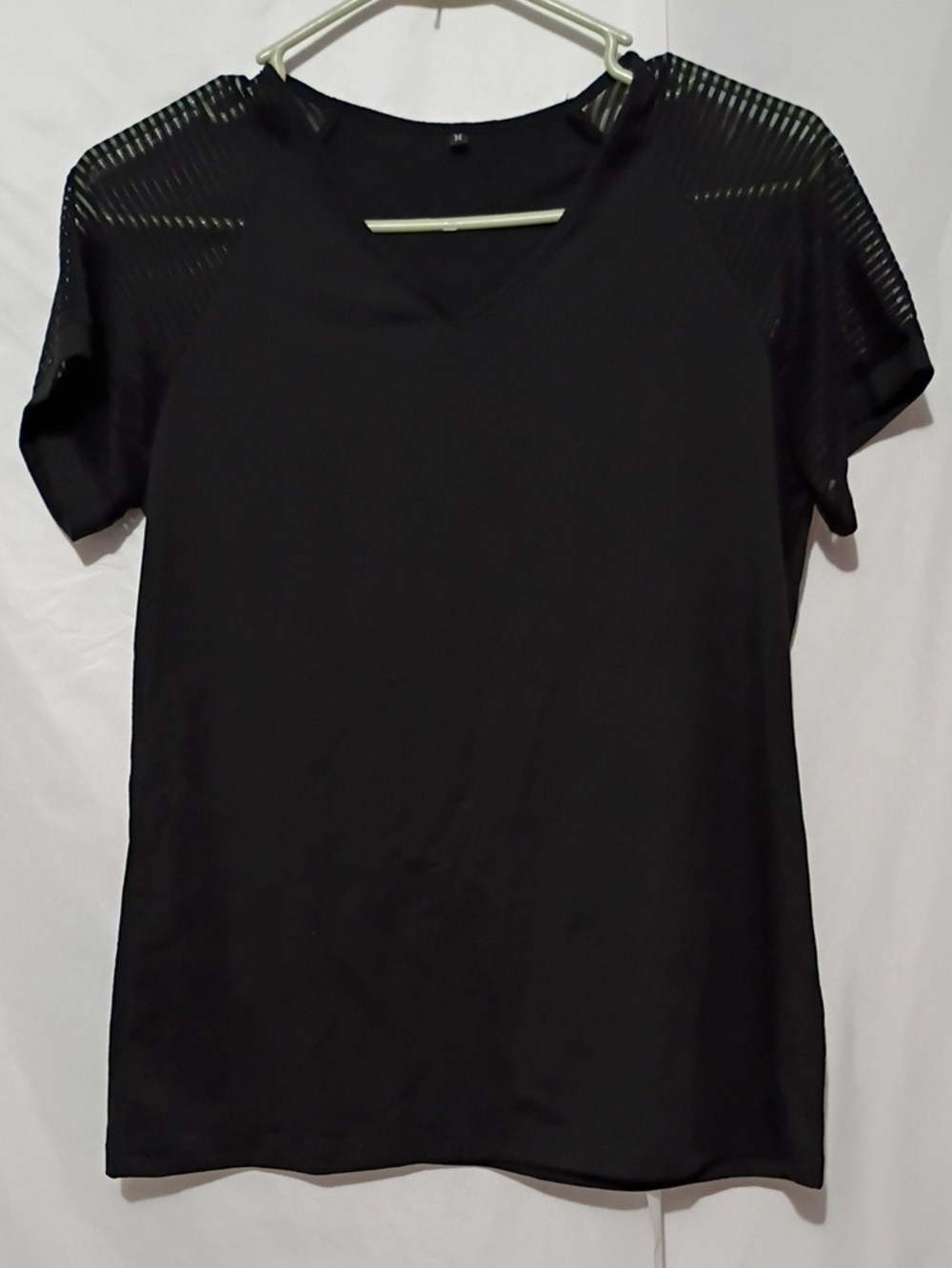 YNS Generic Black V-Neck Top with Sheer Stripe Sleeves